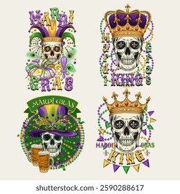 Carnival Mardi Gras labels with human skull, crown, festive garlands, king cake, beer, beads, glossy text. White background. For prints, clothing, t shirt, holiday design