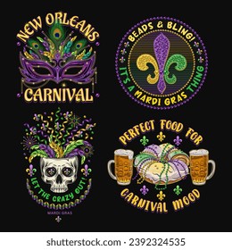 Carnival Mardi Gras labels with luxury mask, skull, holiday food, Fleur de Lis sign, text Vintage illustrations on black background. For prints, clothing, t shirt, holiday goods, stuff, surface design