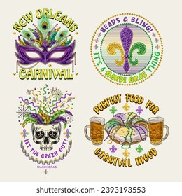 Carnival Mardi Gras labels with luxury mask, skull, holiday food, Fleur de Lis sign, text Vintage illustrations on white background. For prints, clothing, t shirt, holiday goods, stuff, surface design