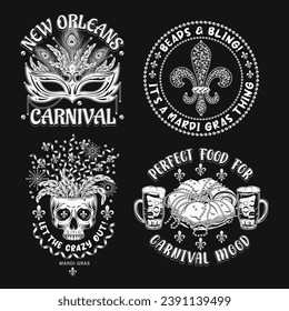 Carnival Mardi Gras labels with mask, skull, holiday food, Fleur de Lis sign, text Vintage illustrations on black background. For prints, clothing, t shirt, holiday goods, stuff, surface design