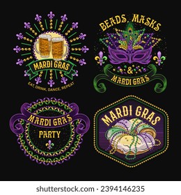 Carnival Mardi Gras labels with masquerade mask, holiday food, party streamers, beads, text. Vintage illustrations on black background. For prints, clothing, t shirt, holiday goods, stuff design