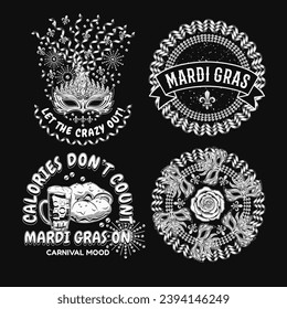 Carnival Mardi Gras labels with masquerade mask, holiday food, party streamers, beads, text. Vintage illustrations on black background. For prints, clothing, t shirt, holiday goods, stuff design