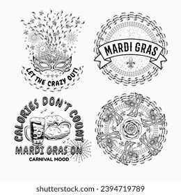 Carnival Mardi Gras labels with masquerade mask, holiday food, party streamers, beads, text. Vintage illustrations on white background. For prints, clothing, t shirt, holiday goods, stuff design