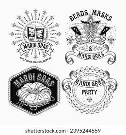 Carnival Mardi Gras labels with masquerade mask, holiday food, party streamers, beads, text. Vintage illustrations on white background. For prints, clothing, t shirt, holiday goods, stuff design