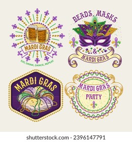 Carnival Mardi Gras labels with masquerade mask, holiday food, party streamers, beads, text. Vintage illustrations on white background. For prints, clothing, t shirt, holiday goods, stuff design