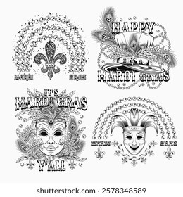 Carnival Mardi Gras labels with masquerade masks, beads, feathers, text. Vintage illustrations on black background. For prints, clothing, t shirt, holiday goods design