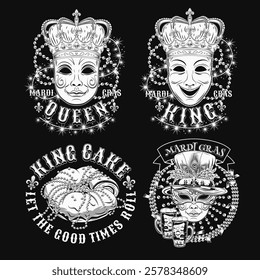 Carnival Mardi Gras labels with masquerade masks, crown, festive food king cake, beer, beads, glossy text. Vintage illustrations on black background. For prints, clothing, t shirt, holiday design