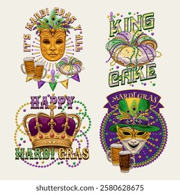 Carnival Mardi Gras labels with masquerade masks, crown, festive food king cake, beer, beads, glossy text. Vintage illustrations on white background. For prints, clothing, t shirt, holiday design