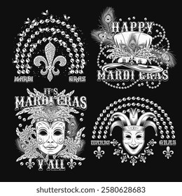 Carnival Mardi Gras labels with masquerade masks, beads, feathers, text. Vintage illustrations on black background. For prints, clothing, t shirt, holiday goods design