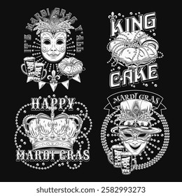 Carnival Mardi Gras labels with masquerade masks, crown, festive food king cake, beer, beads, glossy text. Vintage illustrations on black background. For prints, clothing, t shirt, holiday design