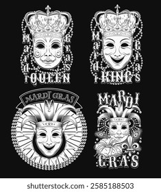 Carnival Mardi Gras labels with masquerade masks, crown, jester harlequin hat, beads, glossy text. Vintage illustrations on black background. For prints, clothing, t shirt, holiday goods design