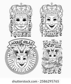 Carnival Mardi Gras labels with masquerade masks, crown, jester harlequin hat, beads, glossy text. Vintage illustrations on black background. For prints, clothing, t shirt, holiday goods design