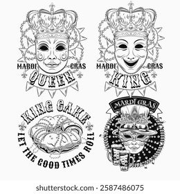 Carnival Mardi Gras labels with masquerade masks, crown, festive food king cake, beer, beads, glossy text. Vintage illustrations on black background. For prints, clothing, t shirt, holiday design