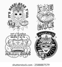 Carnival Mardi Gras labels with masquerade masks, crown, festive food king cake, beer, beads, glossy text. Vintage illustrations on black background. For prints, clothing, t shirt, holiday design