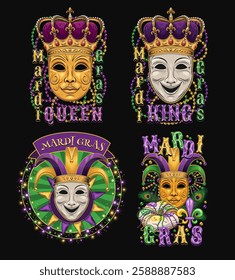 Carnival Mardi Gras labels with masquerade masks, crown, jester harlequin hat, beads, glossy text. Vintage illustrations on black background. For prints, clothing, t shirt, holiday goods design