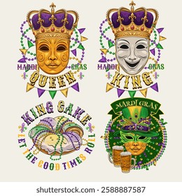 Carnival Mardi Gras labels with masquerade masks, crown, festive food king cake, beer, beads, glossy text. Vintage illustrations on white background. For prints, clothing, t shirt, holiday design