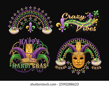 Carnival Mardi Gras labels with masquerade mask, beaded rainbow, king cake, beads, jester hat, glossy text. Vintage illustrations on black background. For prints, clothing, t shirt, holiday design