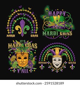 Carnival Mardi Gras labels with masquerade masks, beads, feathers, text. Vintage illustrations on black background. For prints, clothing, t shirt, holiday goods design