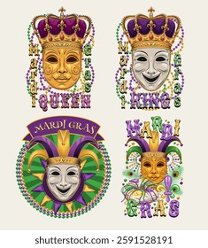 Carnival Mardi Gras labels with masquerade masks, crown, jester harlequin hat, beads, glossy text. Vintage illustrations on white background. For prints, clothing, t shirt, holiday goods design