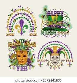 Carnival Mardi Gras labels with masquerade masks, beads, feathers, text. Vintage illustrations on white background. For prints, clothing, t shirt, holiday goods design