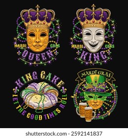 Carnival Mardi Gras labels with masquerade masks, crown, festive food king cake, beer, beads, glossy text. Vintage illustrations on black background. For prints, clothing, t shirt, holiday design