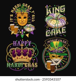 Carnival Mardi Gras labels with masquerade masks, crown, festive food king cake, beer, beads, glossy text. Vintage illustrations on black background. For prints, clothing, t shirt, holiday design