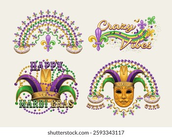 Carnival Mardi Gras labels with masquerade mask, beaded rainbow, king cake, beads, jester hat, glossy text. Vintage illustrations on white background. For prints, clothing, t shirt, holiday design