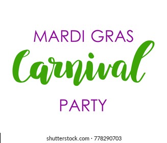 Carnival Mardi Gras Lettering banner or poster design. Vector illustration with calligraphy text isolated on white background