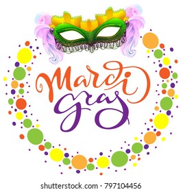 Carnival Mardi Gras mask and colored confetti. Lettering text greeting card template. Isolated on white vector illustration