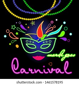 Carnival of Mardi Gras, New Orleans. Neon background for design and greeting cards. Vector drawing