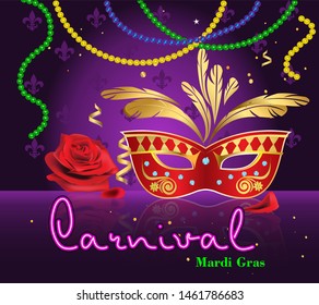 Carnival of Mardi Gras, New Orleans. Neon background for design and greeting cards. Vector drawing