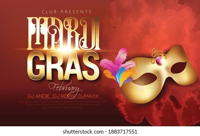 Carnival Mardi Gras party invitation card poster banner design with half mask and feathers, bokeh background