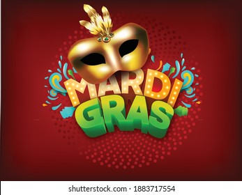 Carnival Mardi Gras party invitation card poster banner design with half mask and feathers, bokeh background