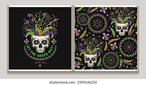 Carnival Mardi Gras pattern, label with half human skull, feathers, flying apart party streamers, confetti. Festive holiday illustration with Fleur de Lis, feathers, spiral ribbons