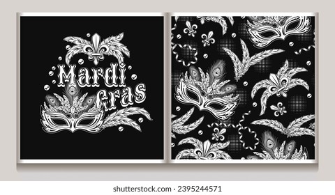 Patrón del Mardi Gras de Carnaval, etiqueta con símbolo fleur de lis, plumas, máscara de carnaval, cuentas dispersas, texto. Para impresiones, ropa, camiseta, diseño de superficie. Ilustración vintage. No IA