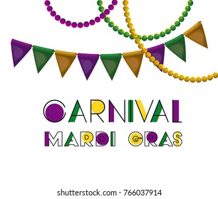 carnival mardi gras poster with colorful triangular festoons and necklaces over white background