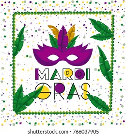 carnival mardi gras poster with green necklace frame with feathers and purple mask over colorful confetti background