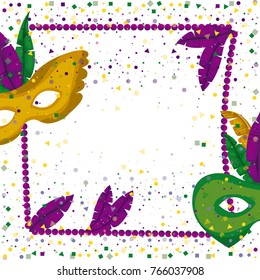 carnival mardi gras poster with purple necklace frame with feathers and mask green and yellow over colorful confetti background