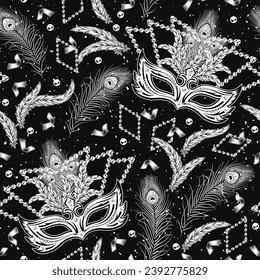 Carnival Mardi Gras seamless pattern with masquerade mask, peacock feathers, confetti, scattered beads. Festive holiday design. Vintage monochrome illustration on black background. Not AI