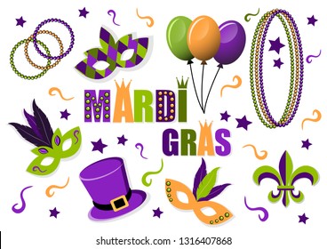 Carnival Mardi Gras set of vector icons. Masks. Hat. Balloons. Beads. Fleur de lis.