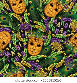 Carnival Mardi Gras themed pattern with golden venetian face mask with feathers, scattered trinket, beads, text. Vintage illustration for holiday, party design