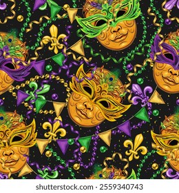 Carnival Mardi Gras themed pattern with golden venetian face mask with feathers, scattered trinket, streamer ribbons, strings of beads. Textured black background