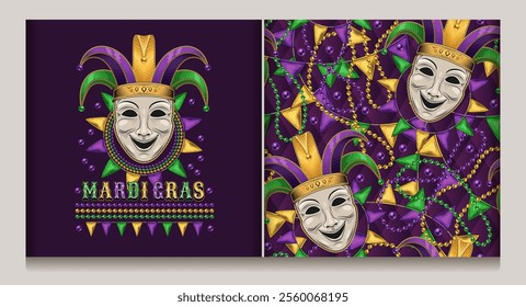 Carnival Mardi Gras themed pattern, label with comedy face mask in Jester Harlequin hat, scattered trinket, pennant garland, strings of beads. Detailed illustrations set in vintage style