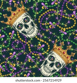 Carnival Mardi Gras themed pattern with skull in crown, interlaced strings of beads, festive garland like sparkler, scattered Fleur de Lis symbol. Detailed Vintage style. For holiday, party design