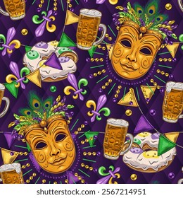 Carnival Mardi Gras themed pattern with festive food, beer, king cake, golden venetian golden face mask with feathers, scattered trinket, pennant garland. Detailed illustration in vintage style.