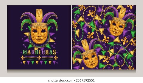 Carnival Mardi Gras themed pattern, label with golden venetian face mask in Jester Harlequin hat, scattered trinket, pennant garland, strings of beads. Detailed illustration in vintage style