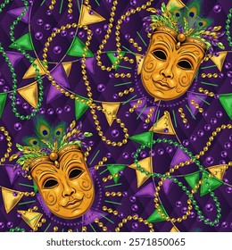 Carnival Mardi Gras themed pattern with golden venetian face mask with feathers, scattered trinket, pennant garland, strings of beads. Detailed illustration in vintage style.