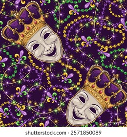 Carnival Mardi Gras themed pattern with skull in crown, interlaced strings of beads, festive garland like sparkler, scattered Fleur de Lis symbol. Detailed Vintage style. For holiday, party design