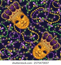 Carnival Mardi Gras themed pattern with golden venetian face mask in imperial crown, interlaced strings of beads, festive garland like sparkler. Detailed illustration in vintage style.