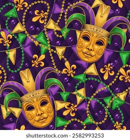 Carnival Mardi Gras themed pattern with golden venetian face mask in Jester Harlequin hat, scattered trinket, pennant garland, strings of beads. Detailed illustration in vintage style